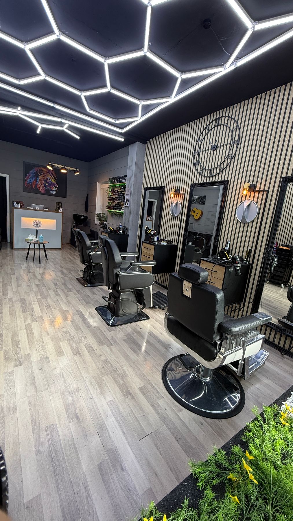 Der Salon: Barberstühle, Spiegel und Lichtdecke
